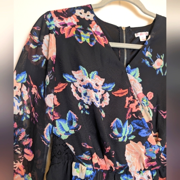 Xhilaration Black Pink Blue Floral Sheer Long Sleeve Dress Small - Picture 2 of 9